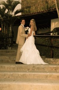 Megan and Kevin wedding on stairs