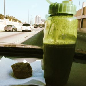 mom green smoothie and muffin